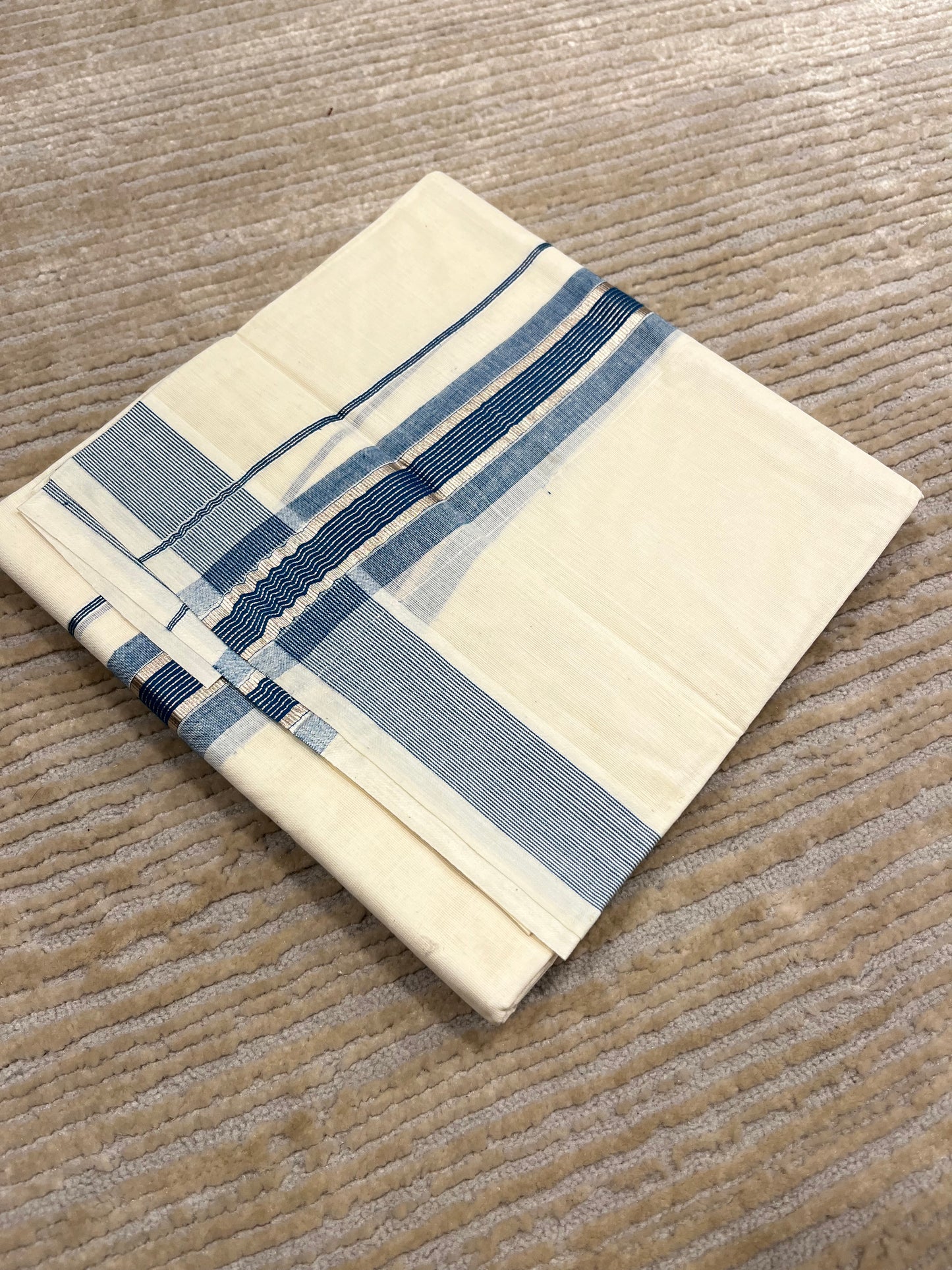 Southloom Pure Cotton Mundu with Silver Lines and Blue Border (South Indian Kerala Dhoti)