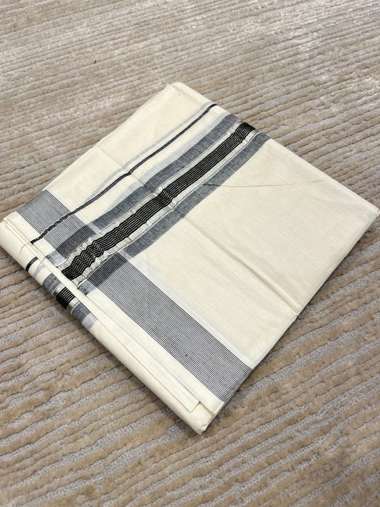 Southloom Pure Cotton Mundu with Silver Lines and Black Border (South Indian Kerala Dhoti)