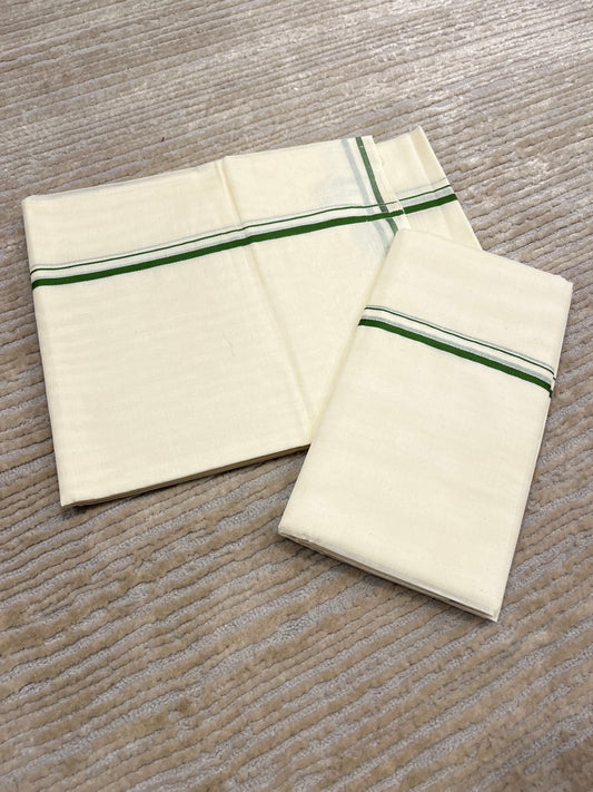 Kerala Cotton Mundum Neriyathum Single (Set Mundu) with Olive Green Puliyilakkara (Onam Set Mundu 2025)