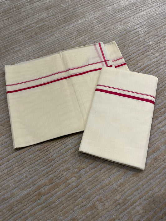 Kerala Cotton Mundum Neriyathum Single (Set Mundu) with Pink Puliyilakkara (Onam Set Mundu 2025)