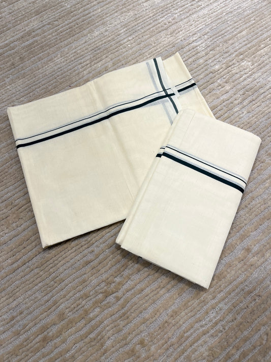 Kerala Cotton Mundum Neriyathum Single (Set Mundu) with Green Puliyilakkara (Onam Set Mundu 2025)