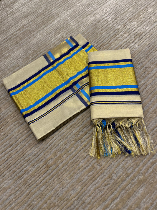Kerala Tissue Kasavu Set Mundu (Mundum Neriyathum) with Blue Border 2.80Mtr