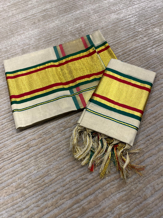 Kerala Tissue Kasavu Set Mundu (Mundum Neriyathum) with Maroon and Green Border 2.80Mtr