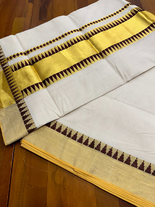 Southloom Balaramapuram Unakkupaavu Handloom Kasavu Saree with Brown Temple Design on Kara and Borders