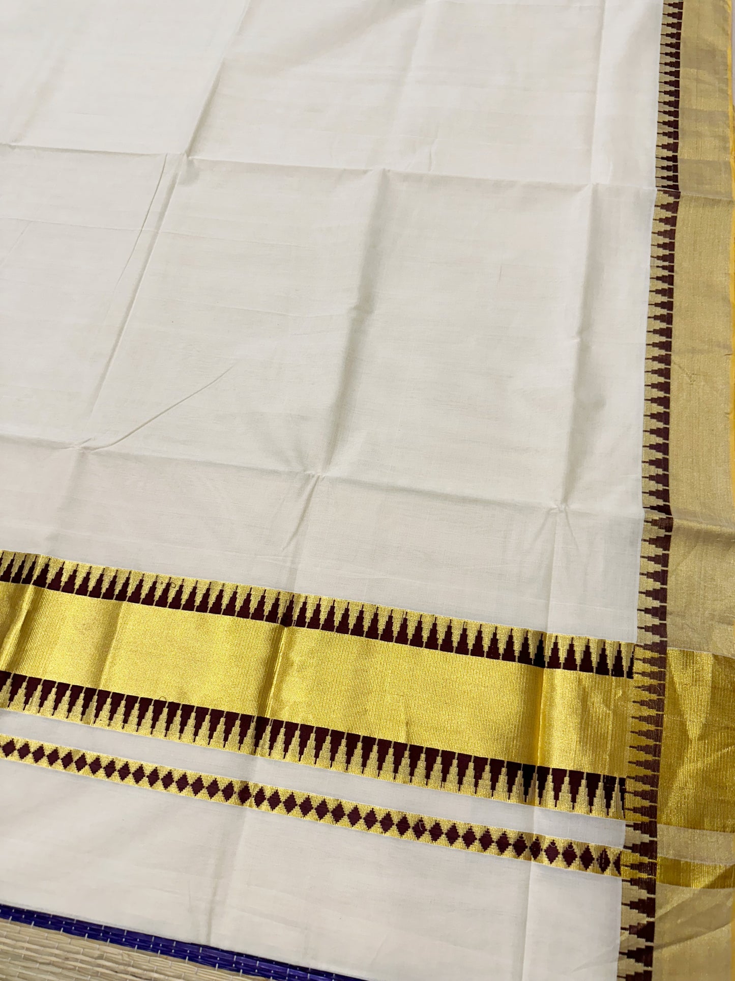 Southloom Balaramapuram Unakkupaavu Handloom Kasavu Saree with Brown Temple Design on Kara and Borders