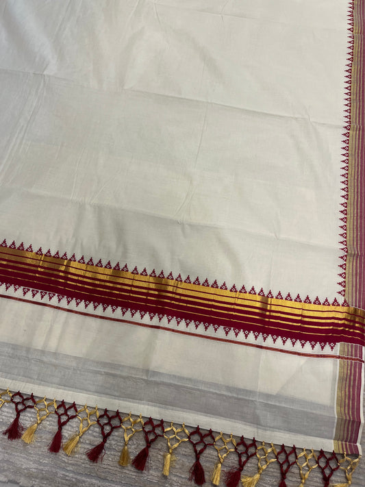 Southloom Cotton Kerala Kasavu Saree with Temple Design Border