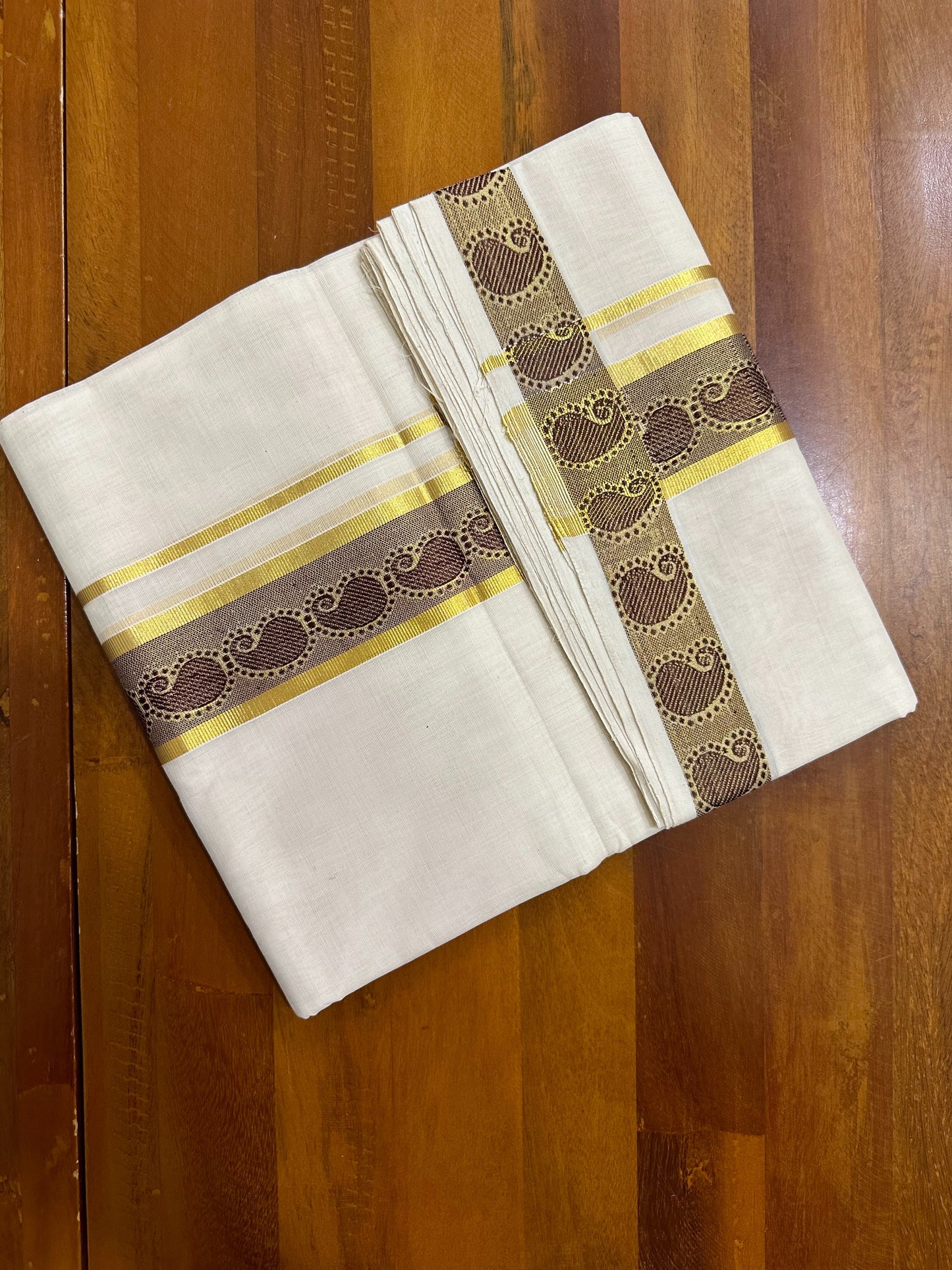 Southloom Balaramapuram Unakkupaavu Handloom Kasavu Double Mundu with Woven Mayilpeeli Work in Brown