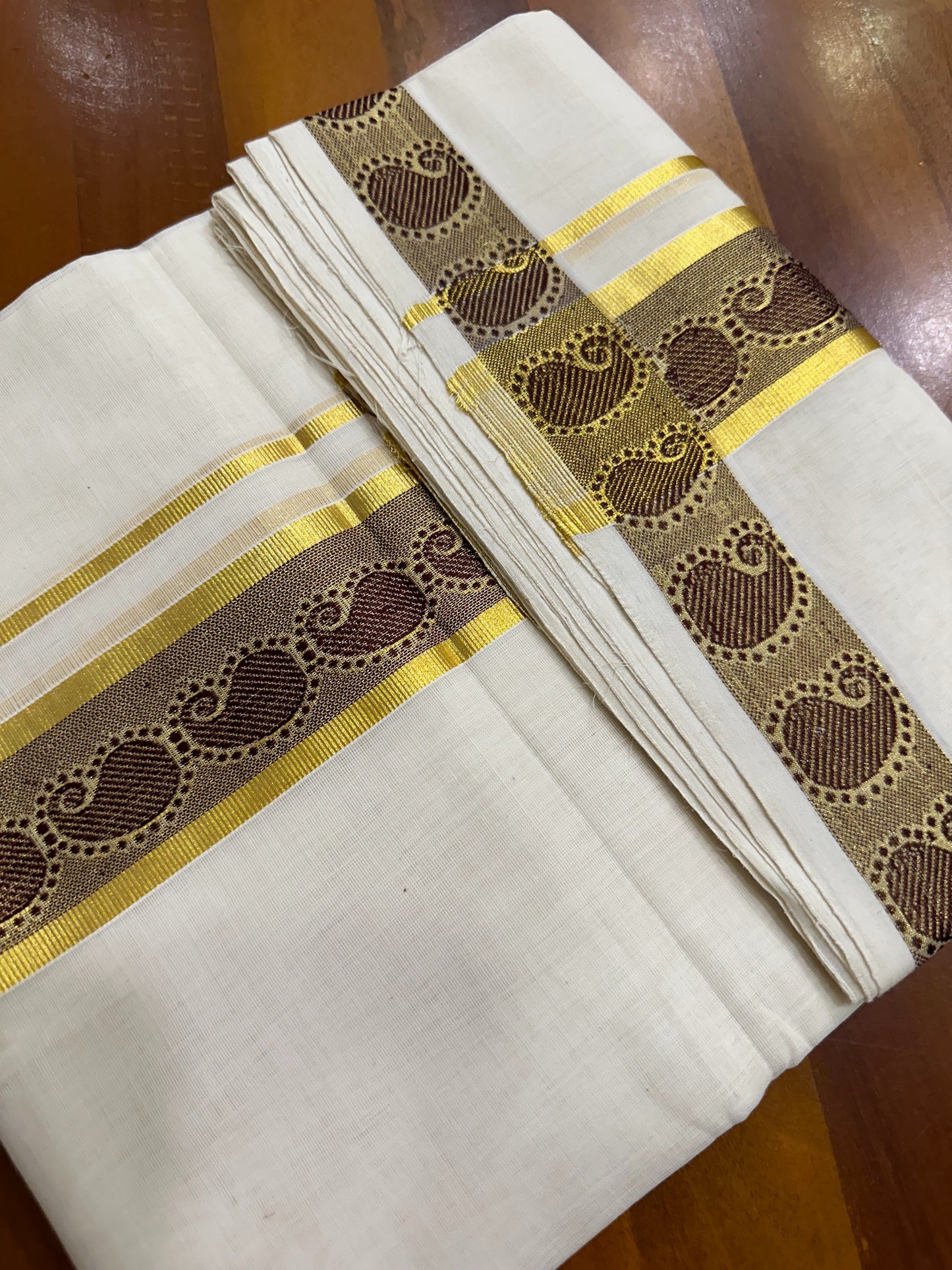 Southloom Balaramapuram Unakkupaavu Handloom Kasavu Double Mundu with Woven Mayilpeeli Work in Brown