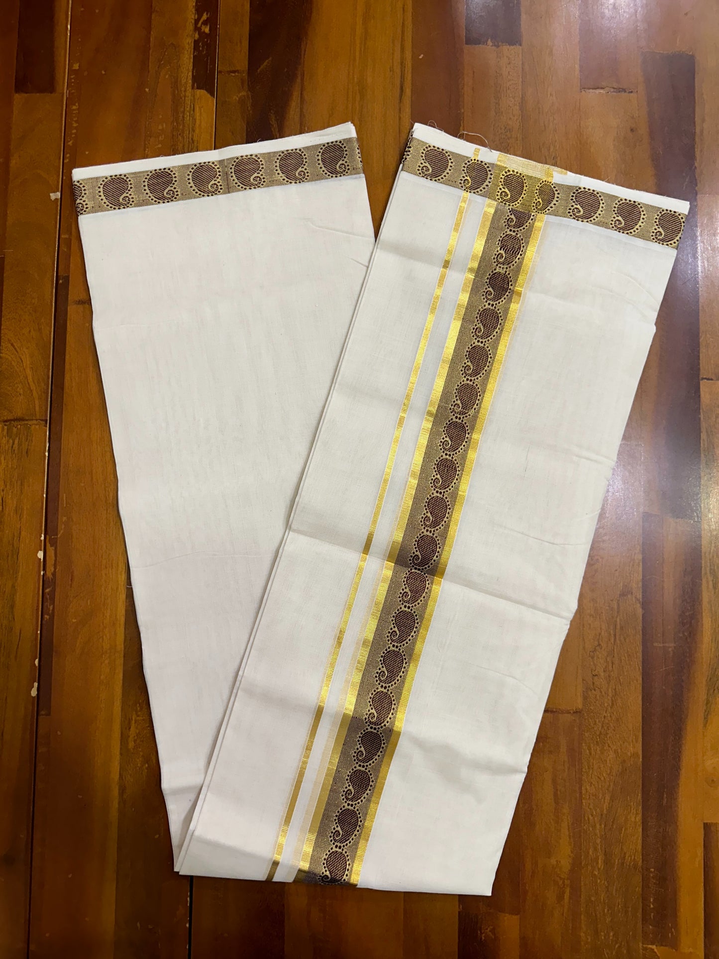 Southloom Balaramapuram Unakkupaavu Handloom Kasavu Double Mundu with Woven Mayilpeeli Work in Brown