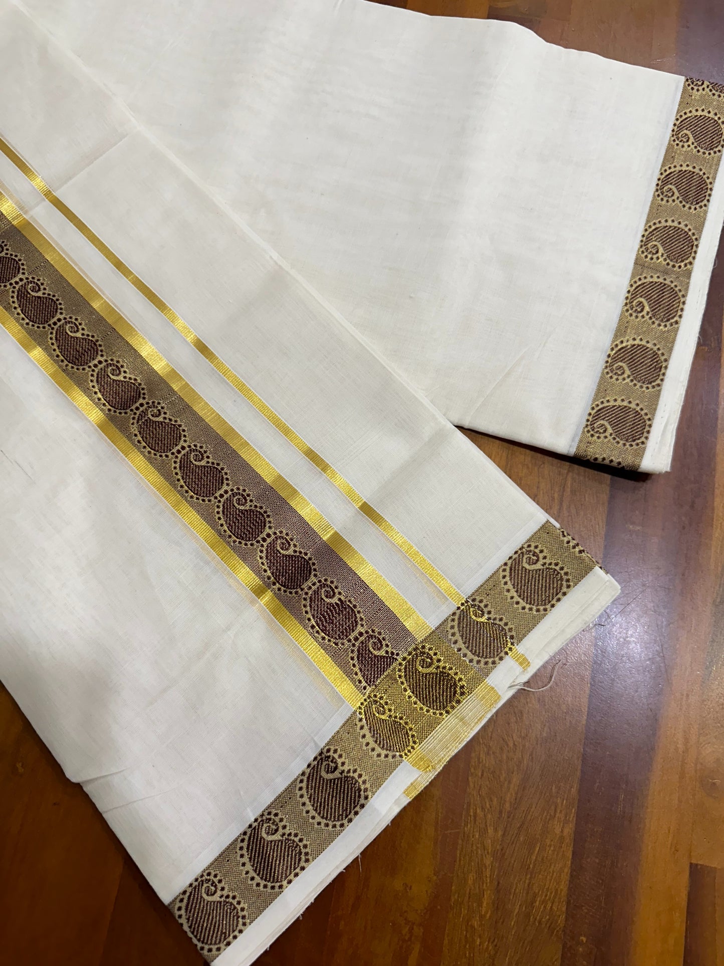 Southloom Balaramapuram Unakkupaavu Handloom Kasavu Double Mundu with Woven Mayilpeeli Work in Brown