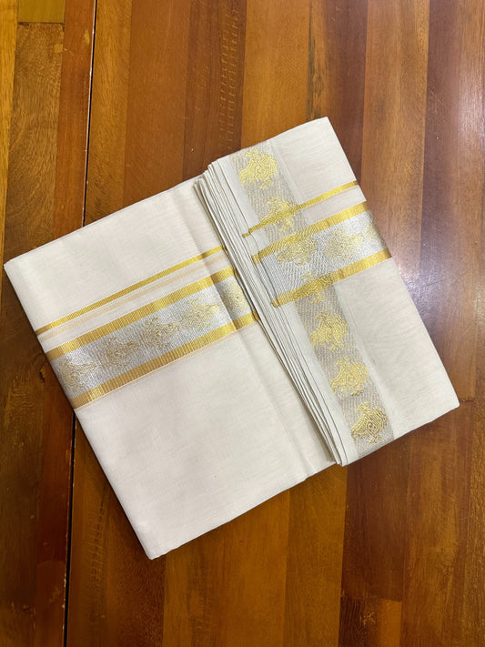 Southloom Balaramapuram Unakkupaavu Handloom Gold and Silver Kasavu Mundu with Woven Work in Kara and Border