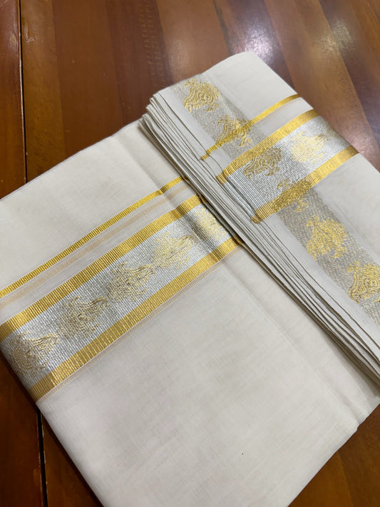 Southloom Balaramapuram Unakkupaavu Handloom Gold and Silver Kasavu Mundu with Woven Work in Kara and Border