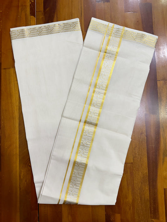 Southloom Balaramapuram Unakkupaavu Handloom Gold and Silver Kasavu Mundu with Woven Work in Kara and Border