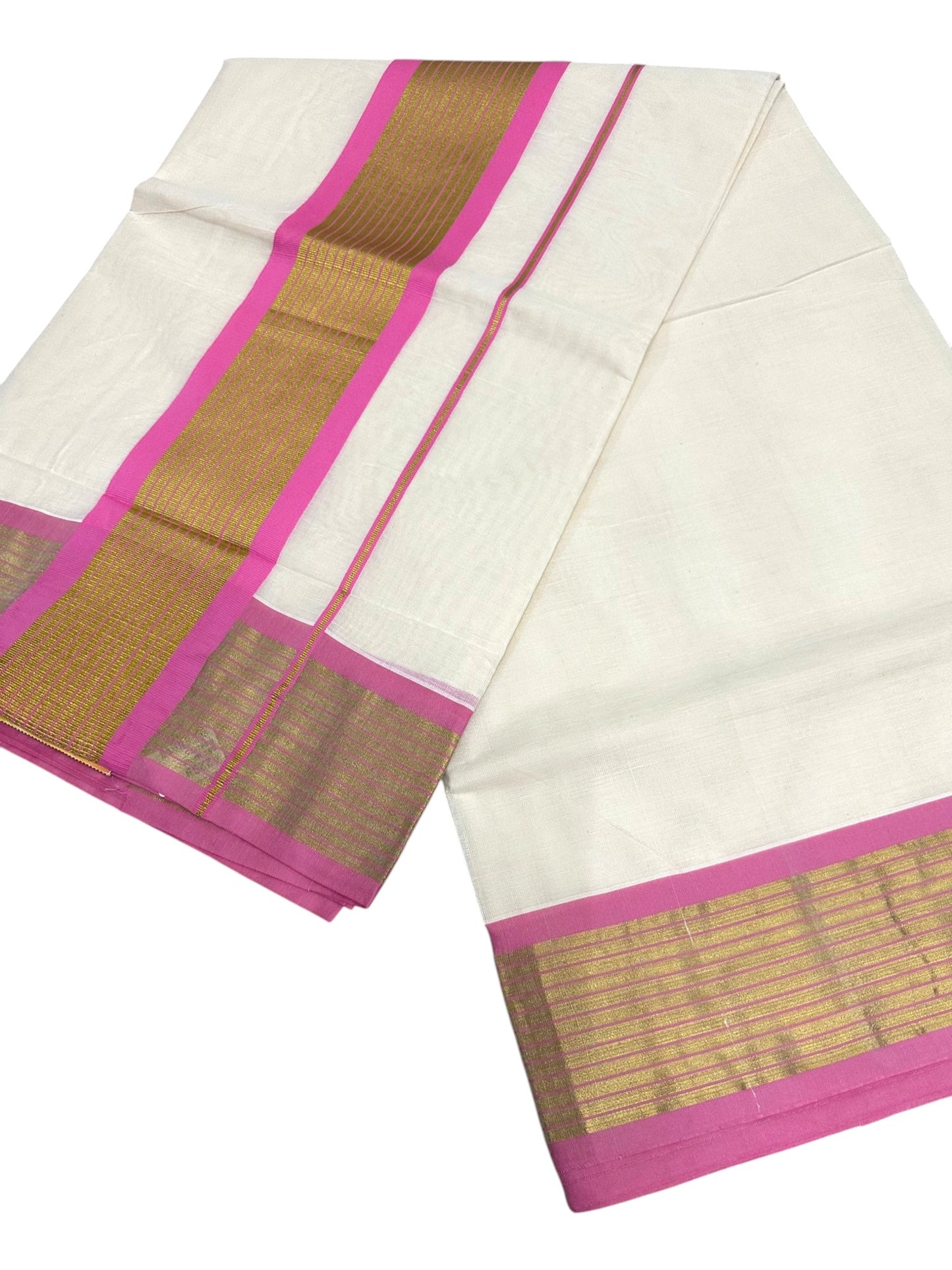Kerala Cotton Saree With Pink And Gold Lines On Border SL430