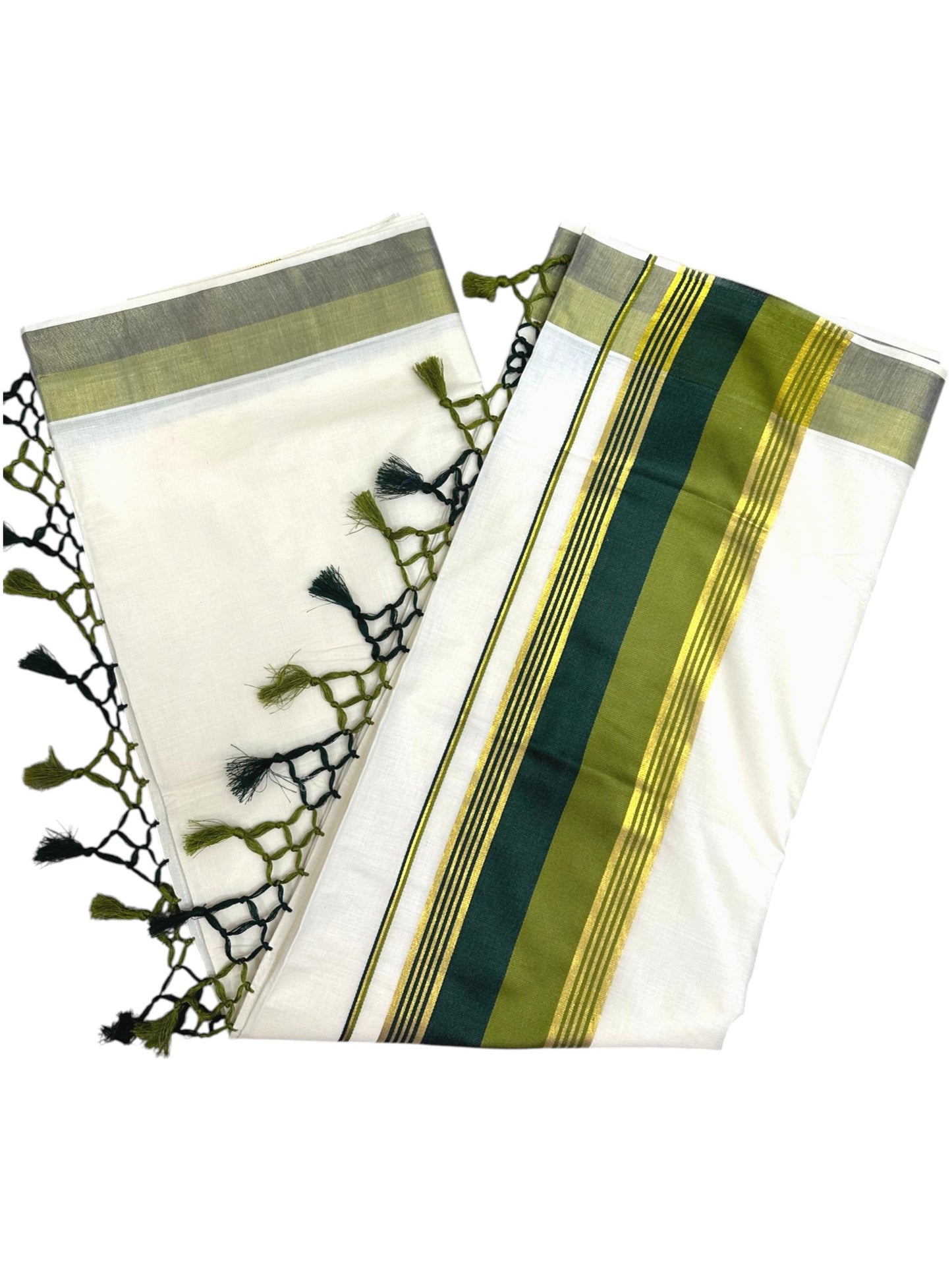 Kerala Cotton Kasavu Saree With Olive Green And Bottle Green Borders SL499