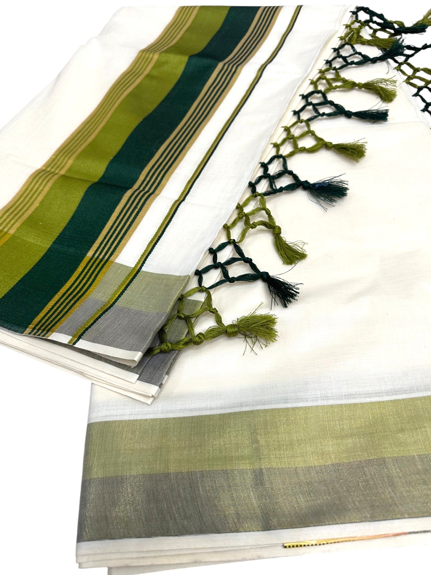 Kerala Cotton Kasavu Saree With Olive Green And Bottle Green Borders SL499
