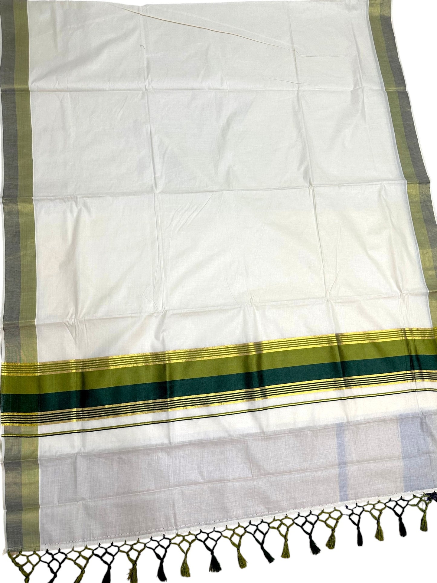 Kerala Cotton Kasavu Saree With Olive Green And Bottle Green Borders SL499
