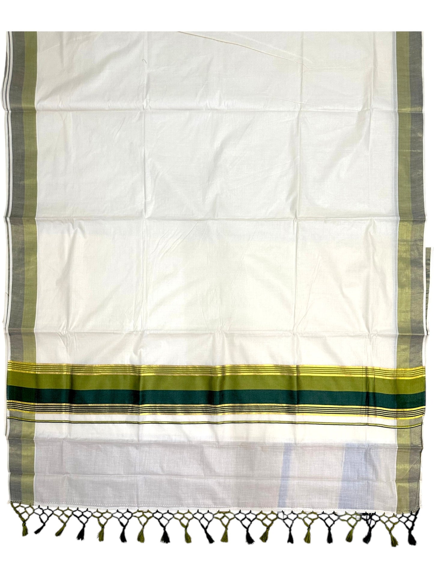 Kerala Cotton Kasavu Saree With Olive Green And Bottle Green Borders SL499