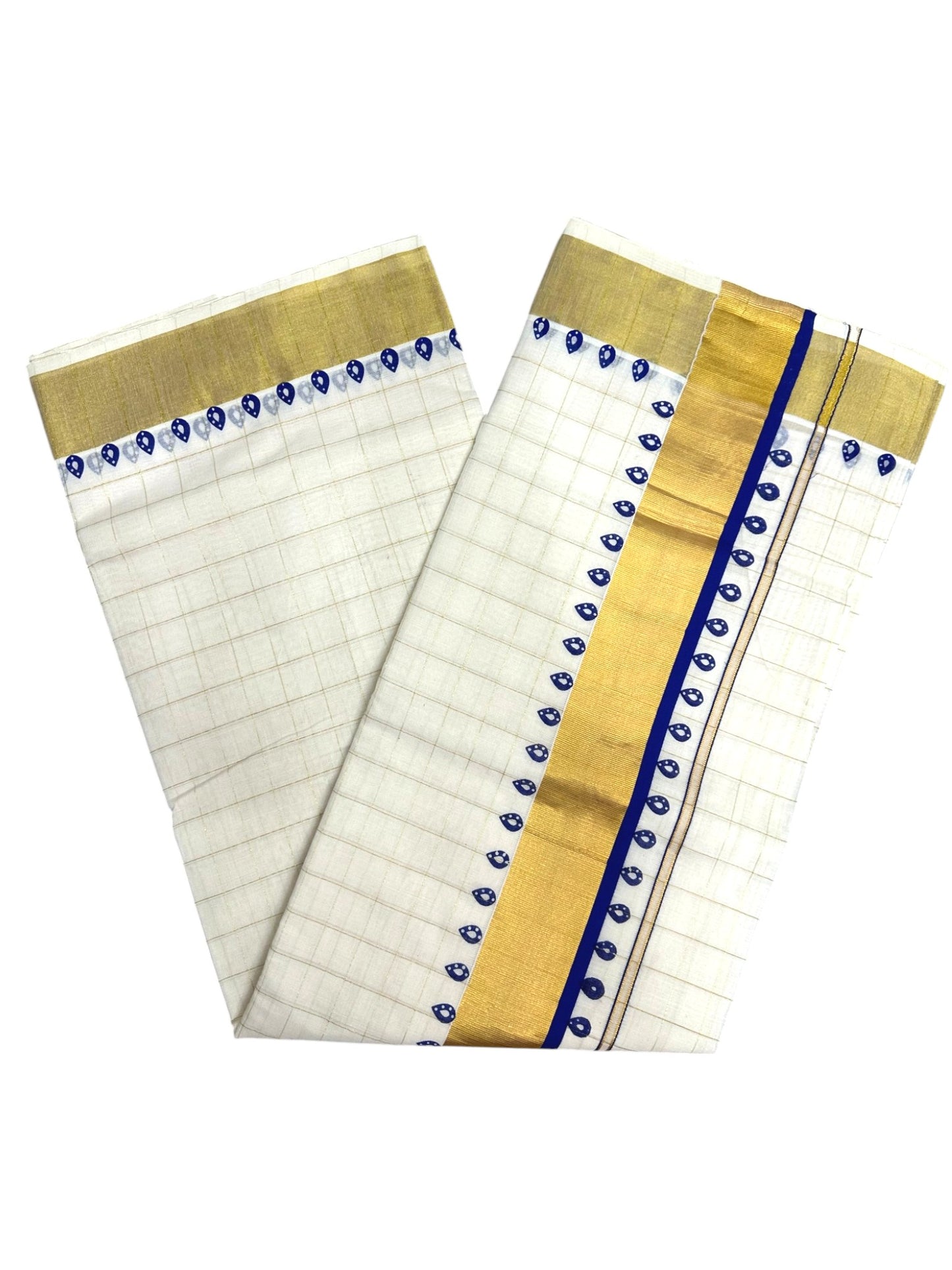 Southloom Kerala Cotton Kasavu Saree With Check Design On Body And Blue Prints On Borders