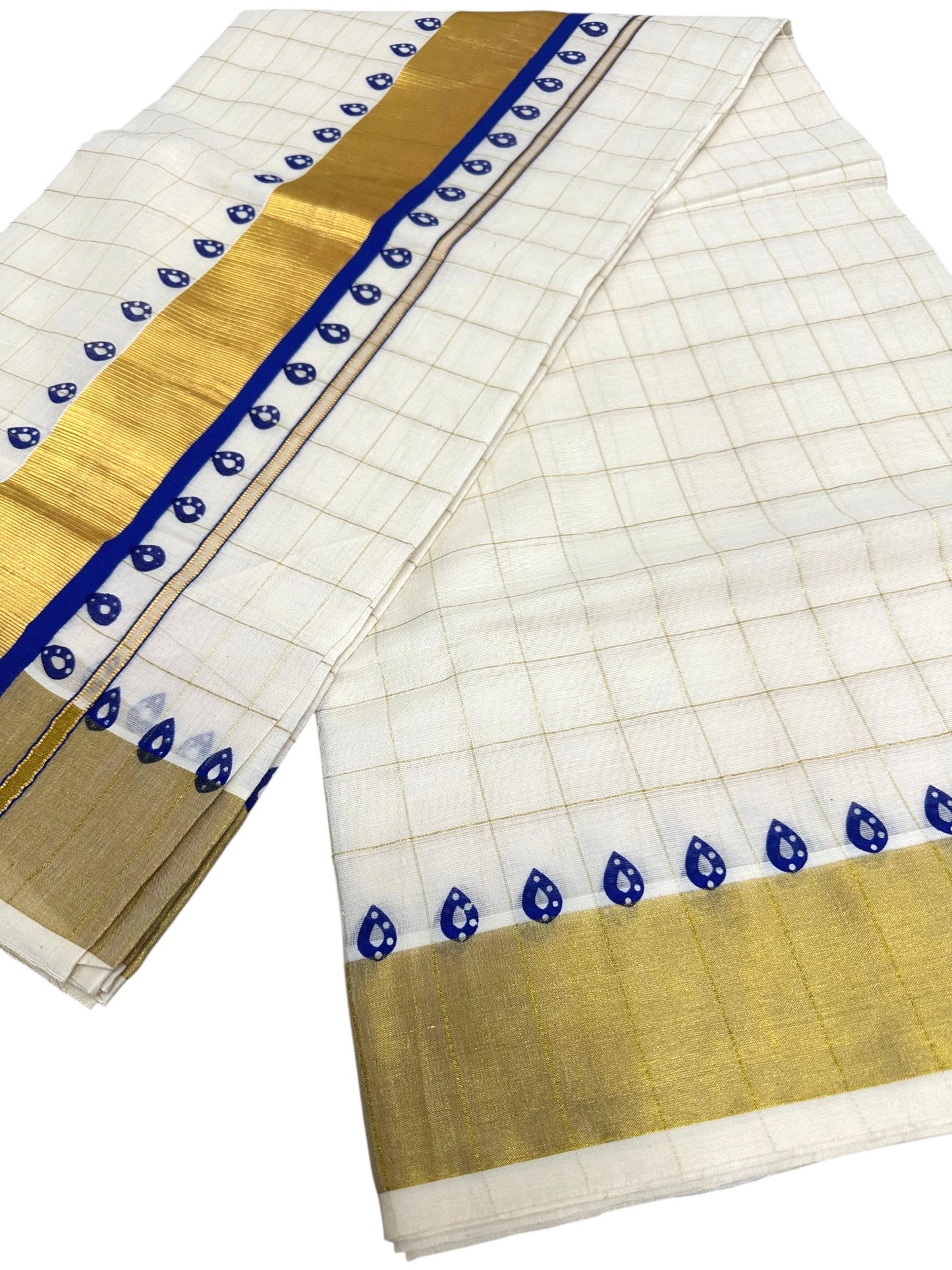 Southloom Kerala Cotton Kasavu Saree With Check Design On Body And Blue Prints On Borders