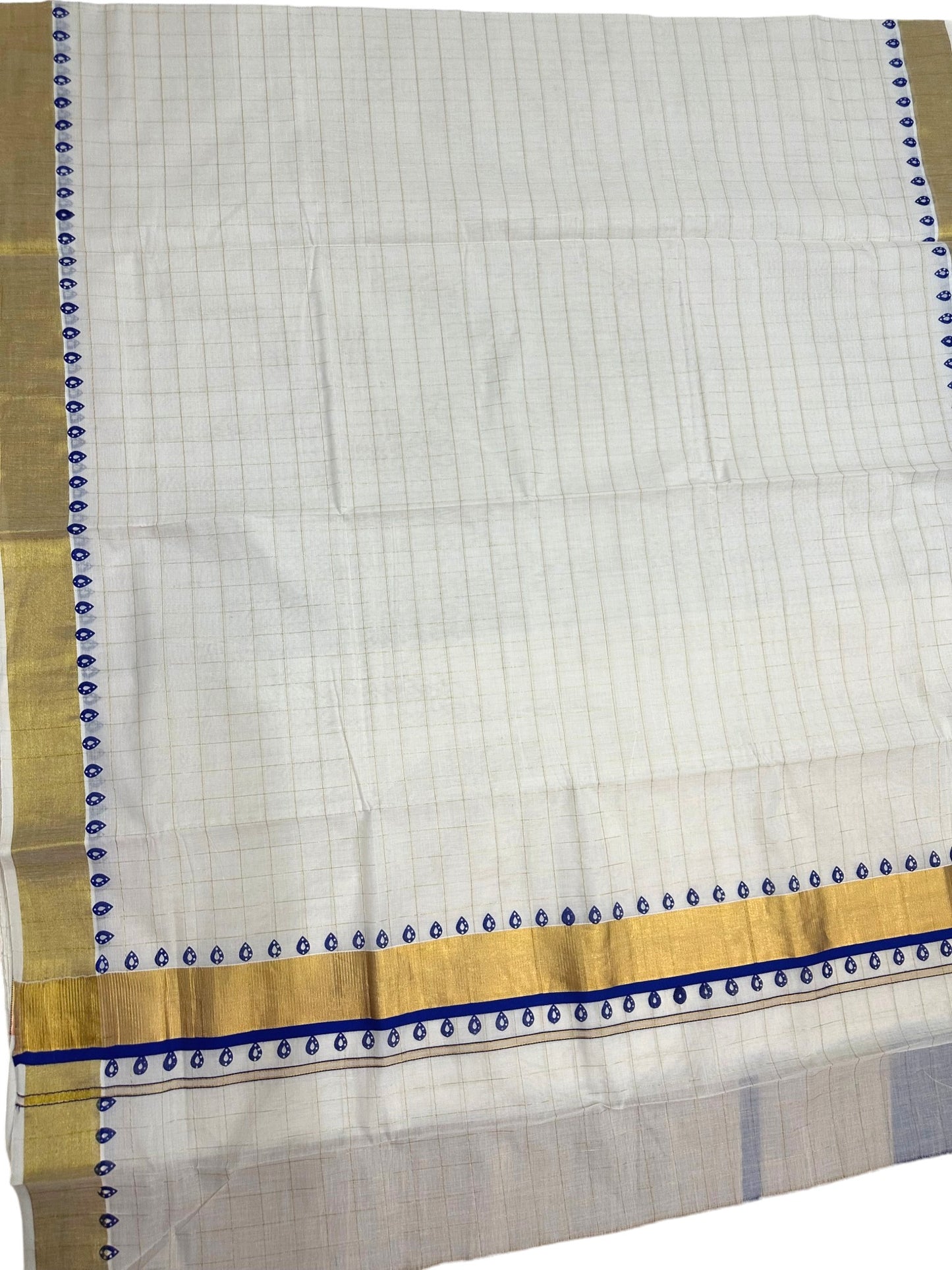 Southloom Kerala Cotton Kasavu Saree With Check Design On Body And Blue Prints On Borders