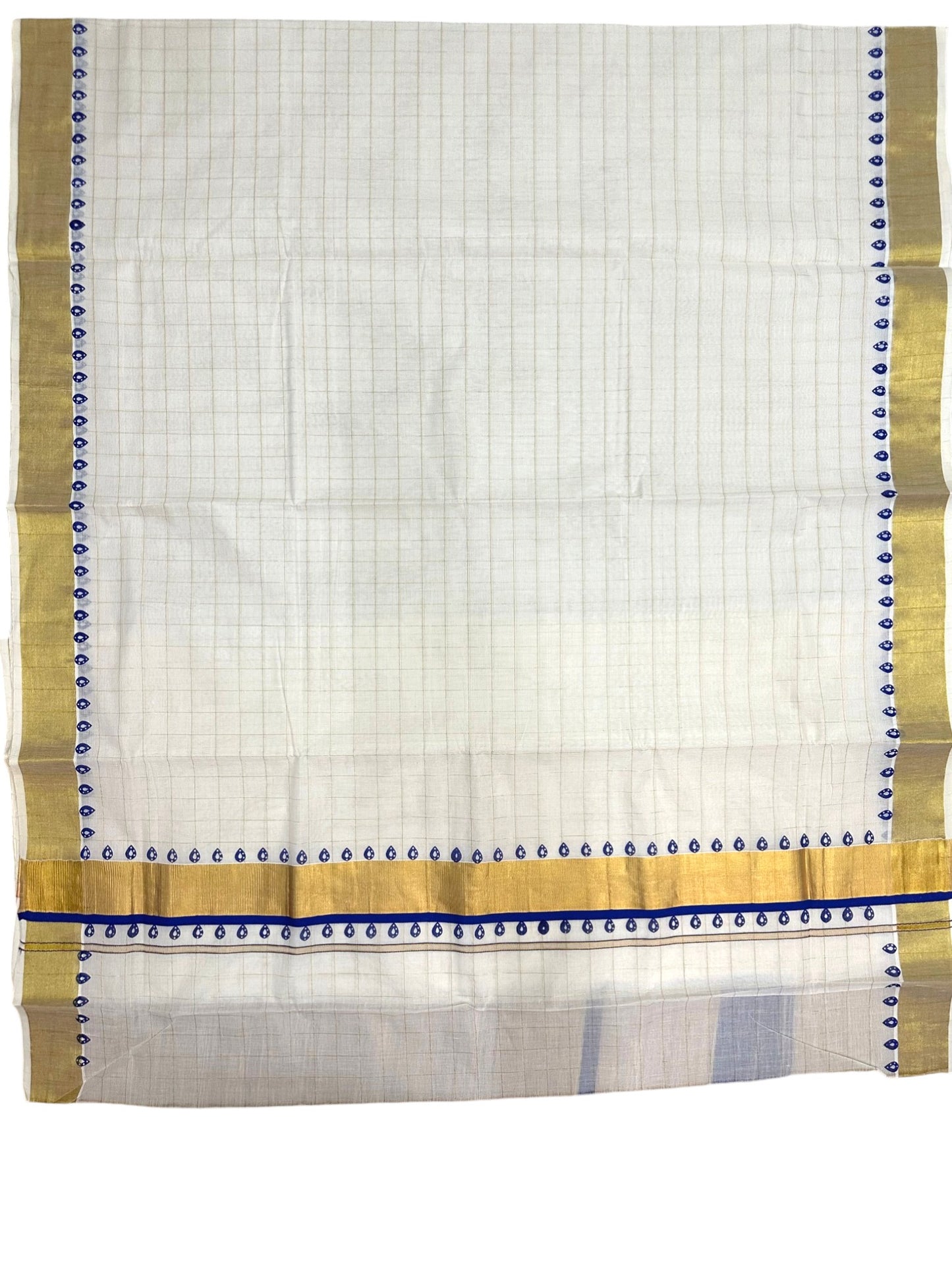 Southloom Kerala Cotton Kasavu Saree With Check Design On Body And Blue Prints On Borders