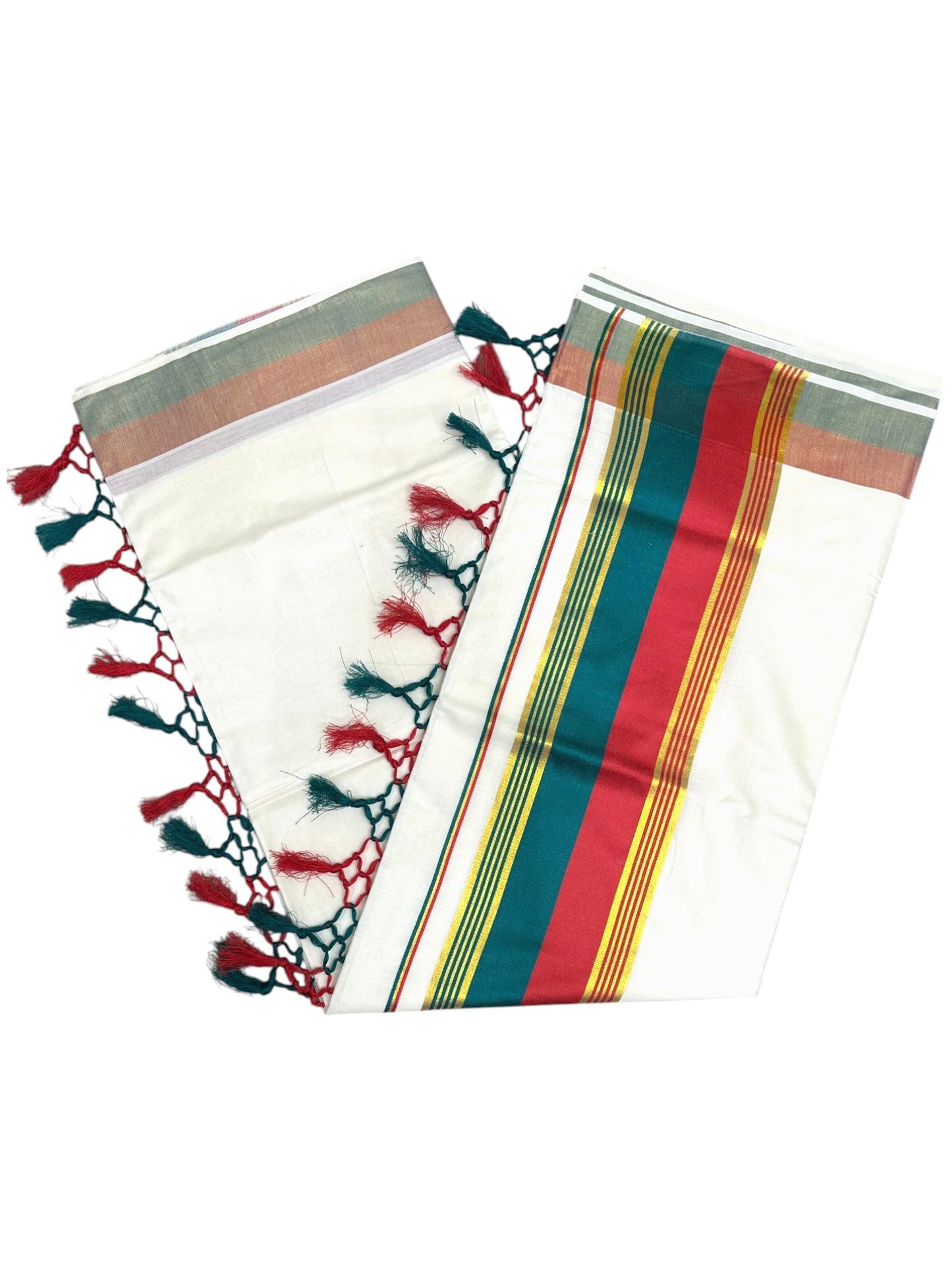 Kerala Cotton Kasavu With Red And Green Border Saree SL499