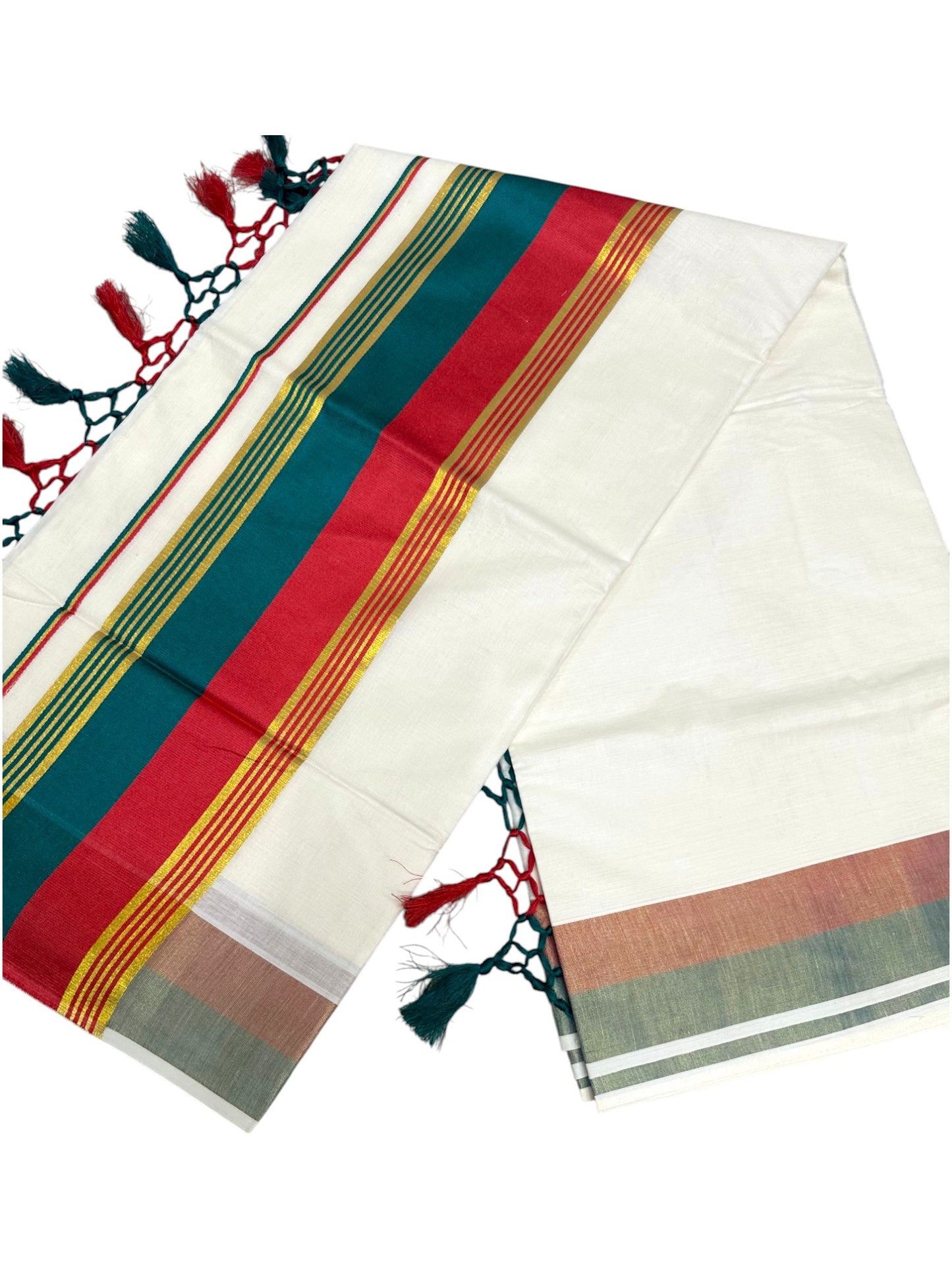 Kerala Cotton Kasavu With Red And Green Border Saree SL499