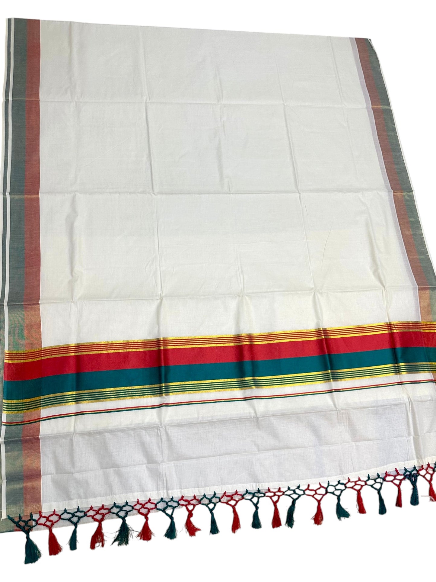 Kerala Cotton Kasavu With Red And Green Border Saree SL499