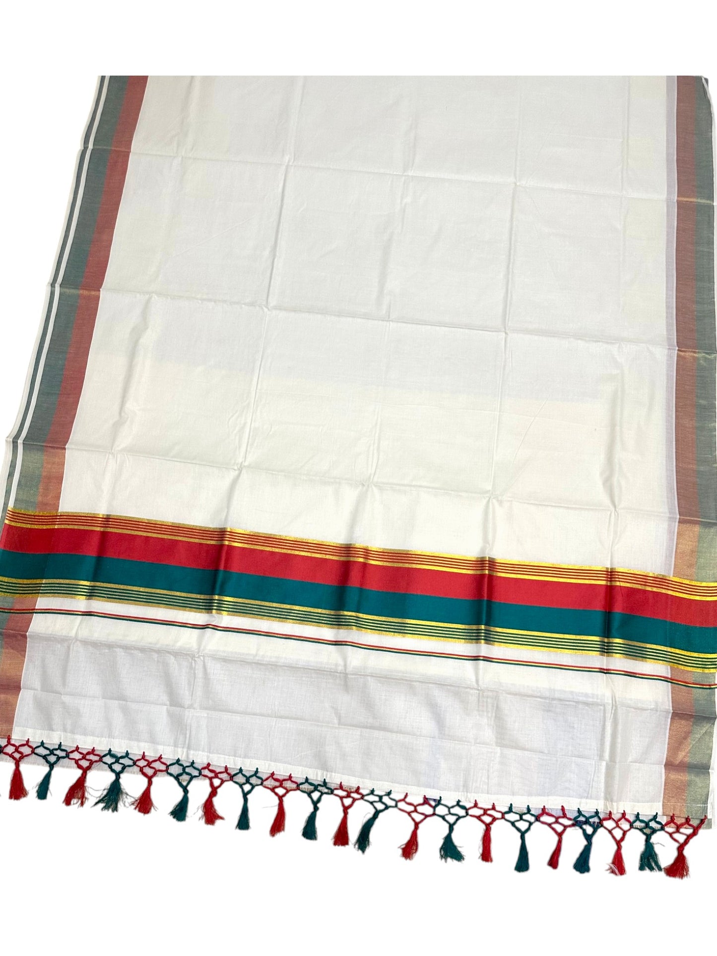 Kerala Cotton Kasavu With Red And Green Border Saree SL499