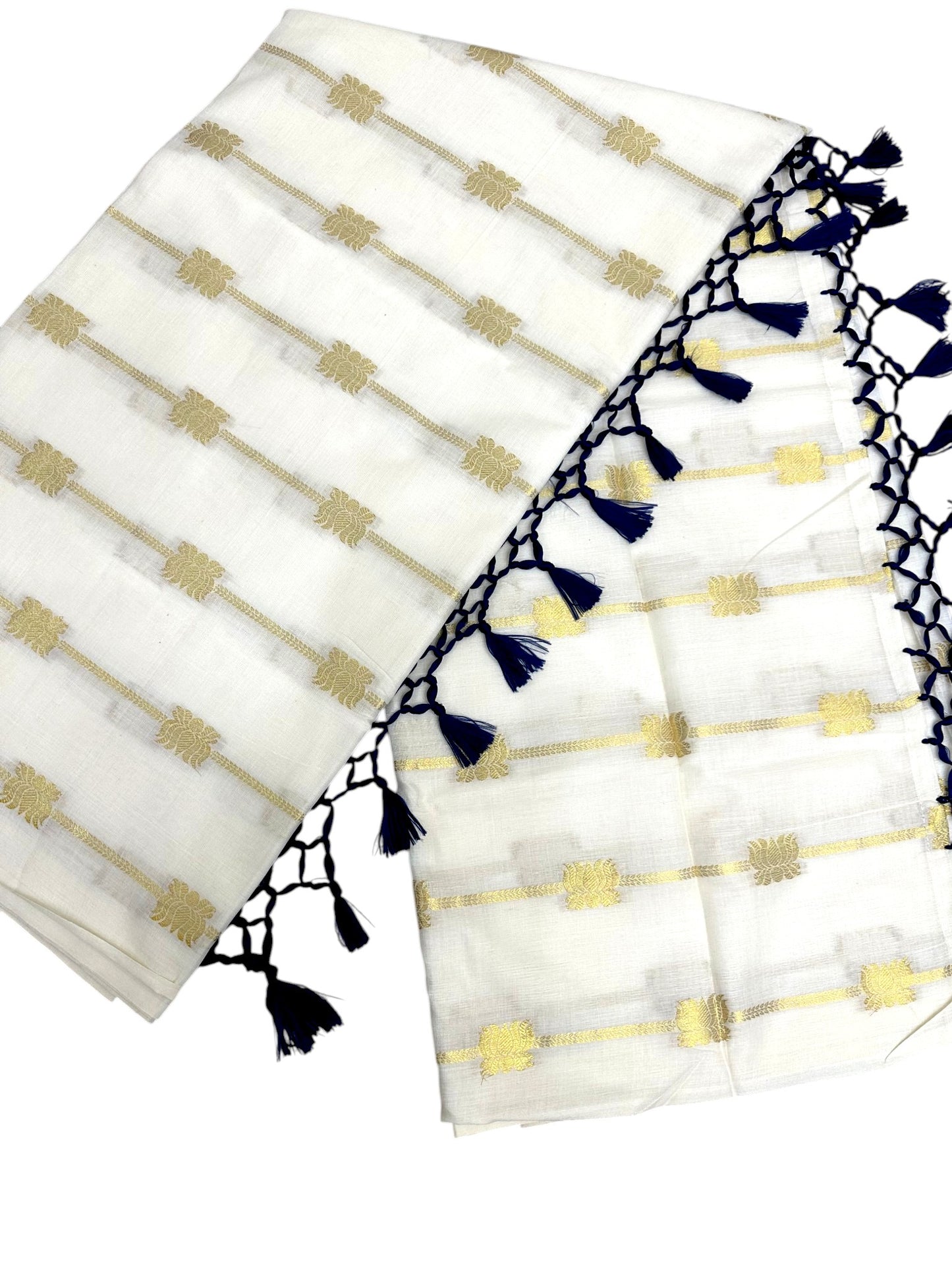 Southloom Kerala Cotton Lotus Design Saree With Blue Tassels SL532