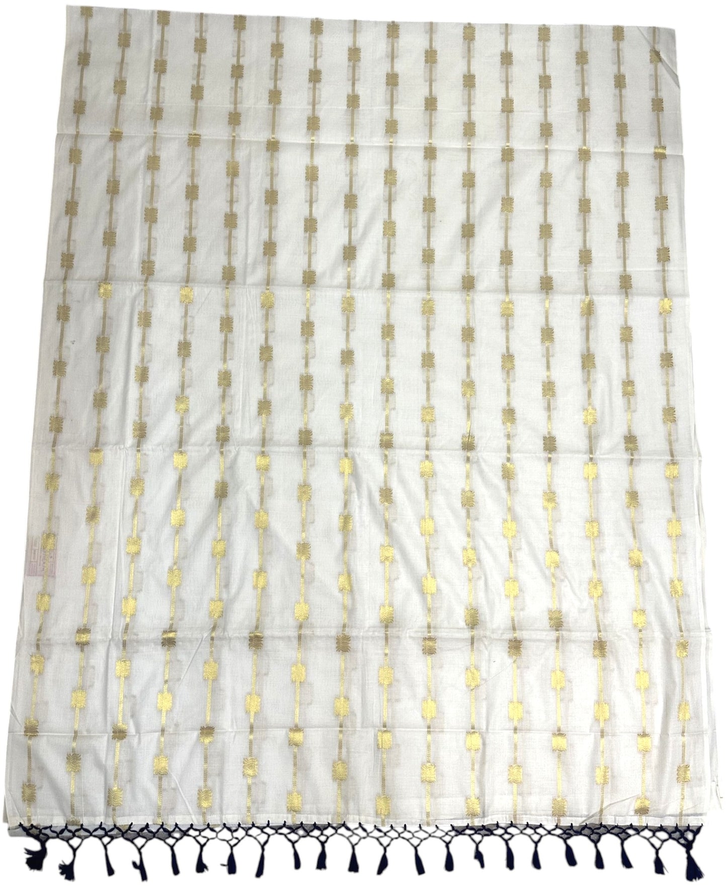 Southloom Kerala Cotton Lotus Design Saree With Blue Tassels SL532