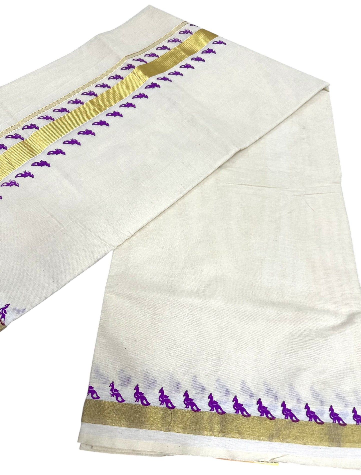 Southloom Kerala Cotton Saree With Gold Kasavu and Purple Printed Borders