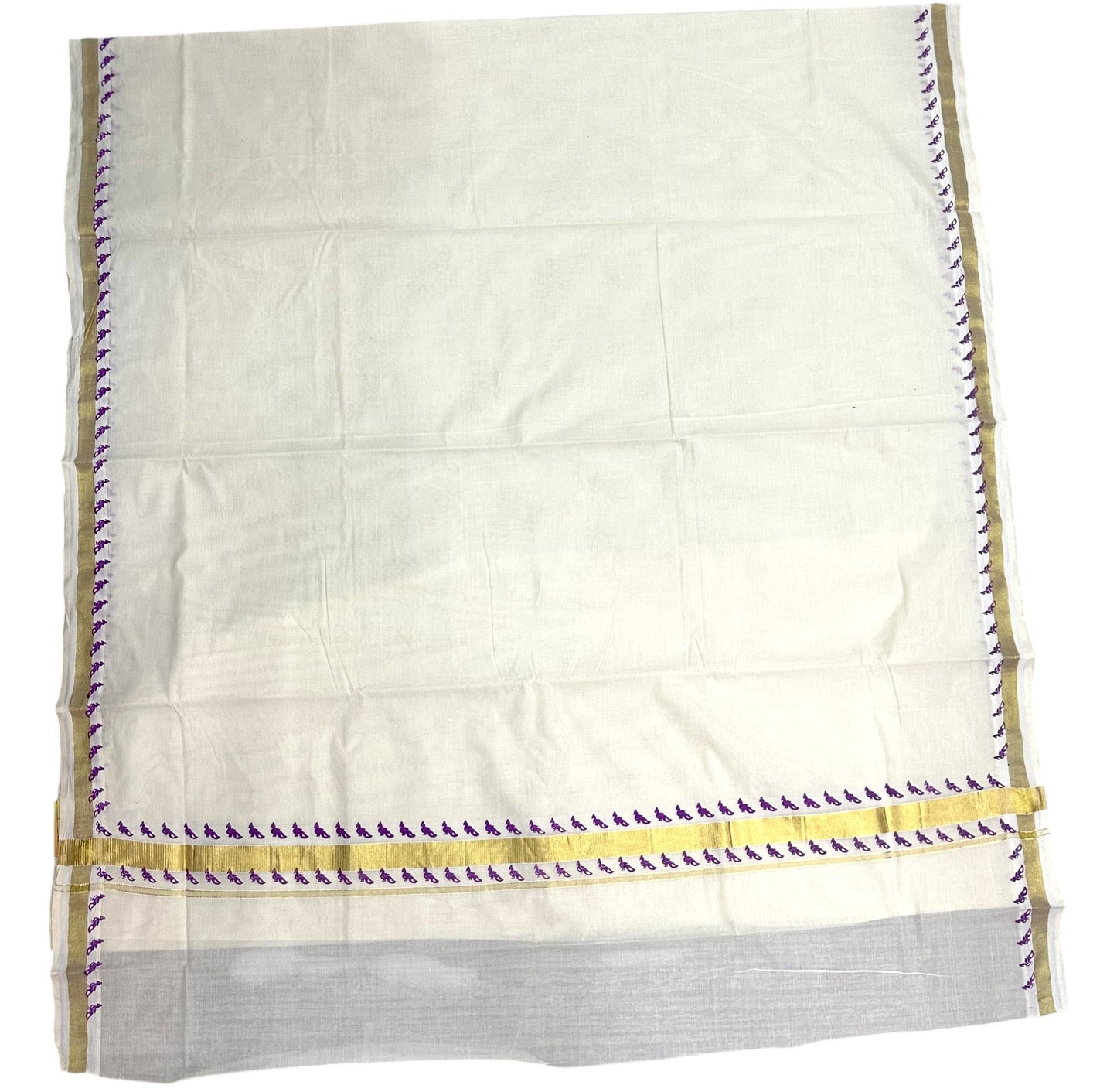 Southloom Kerala Cotton Saree With Gold Kasavu and Purple Printed Borders