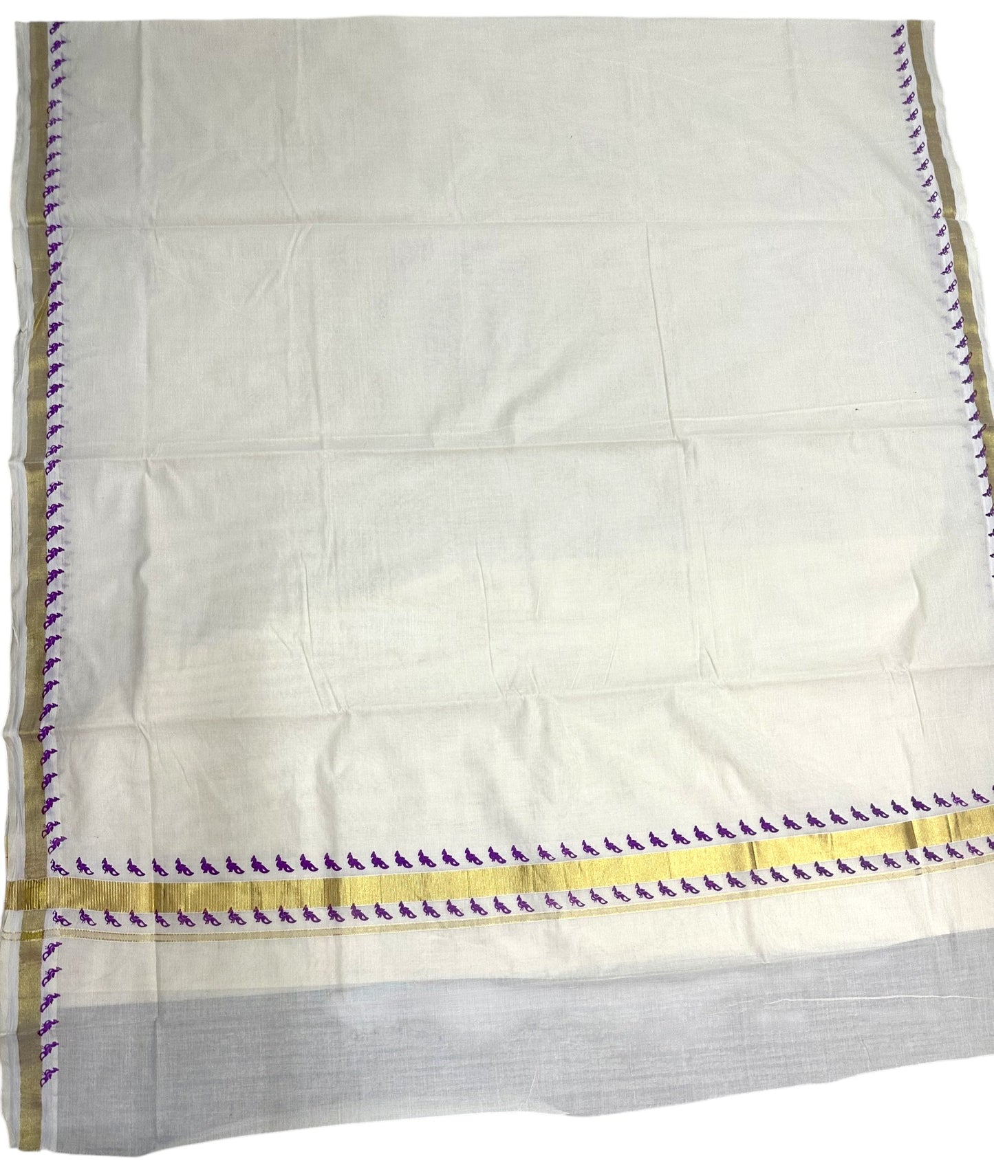 Southloom Kerala Cotton Saree With Gold Kasavu and Purple Printed Borders