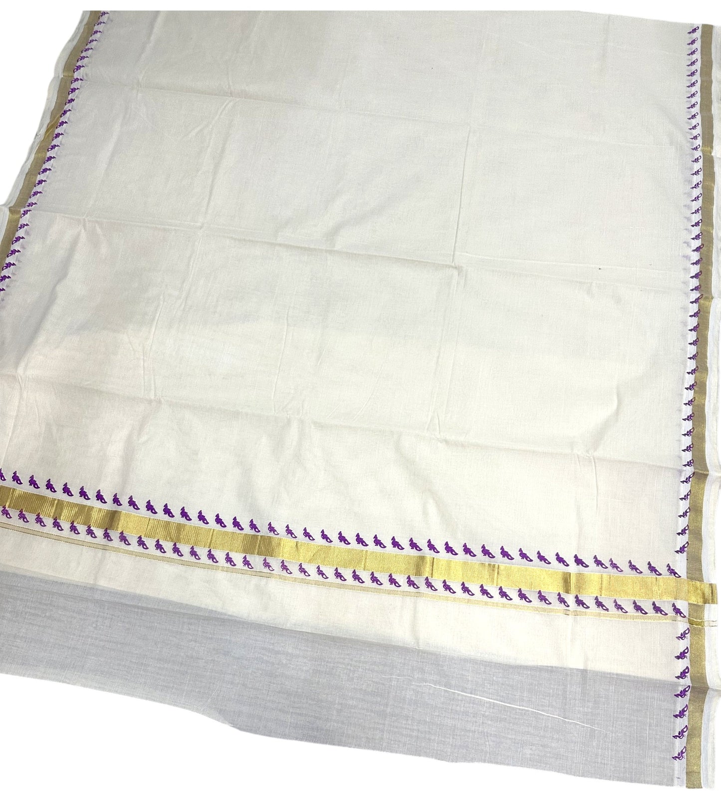 Southloom Kerala Cotton Saree With Gold Kasavu and Purple Printed Borders