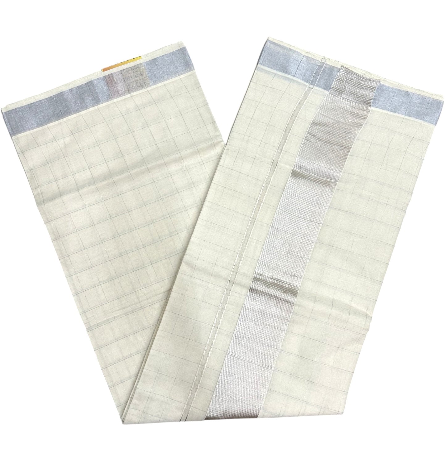 Southloom Kerala Cotton Saree With Check Designs On The Body And Silver Kasavu On Borders