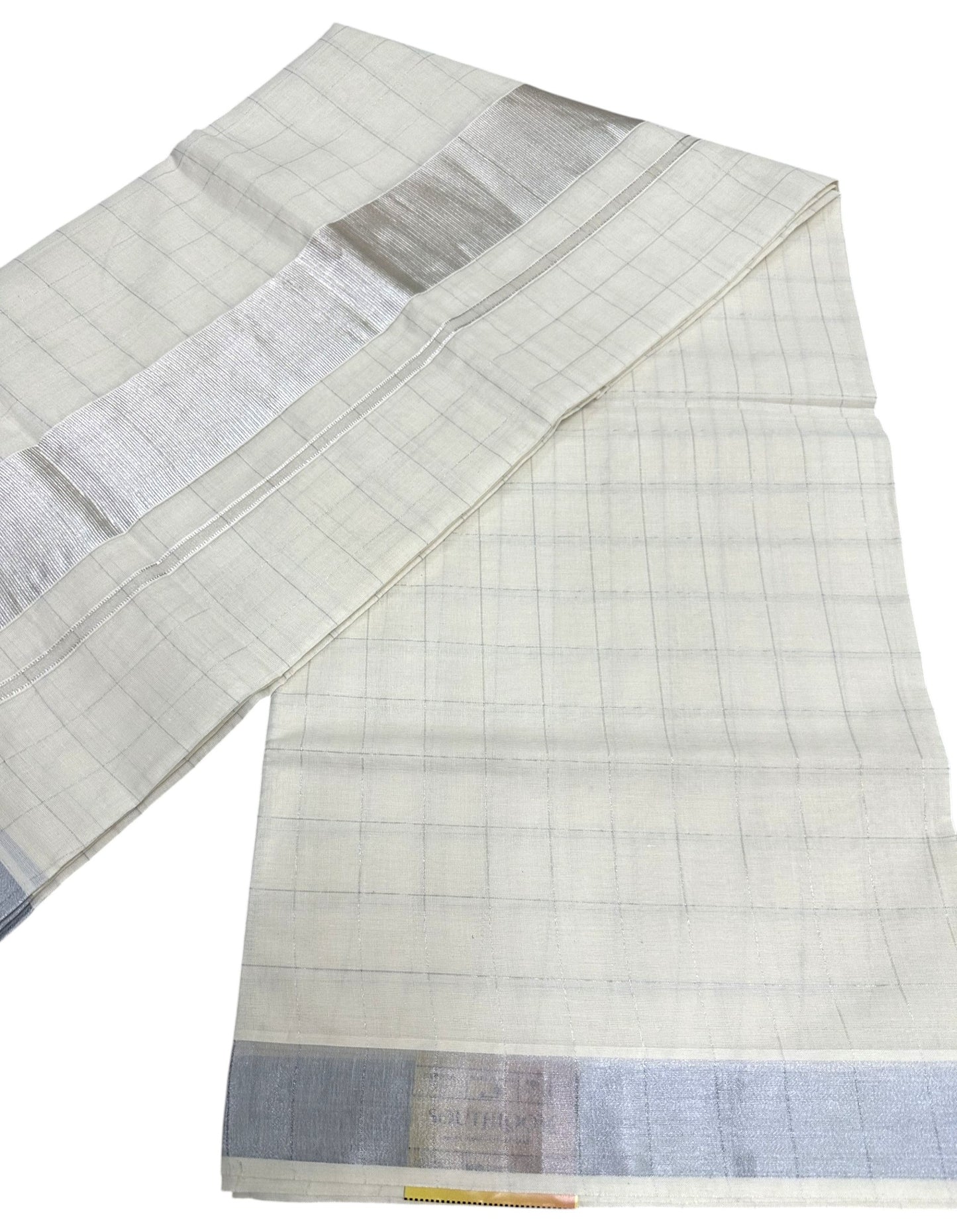 Southloom Kerala Cotton Saree With Check Designs On The Body And Silver Kasavu On Borders