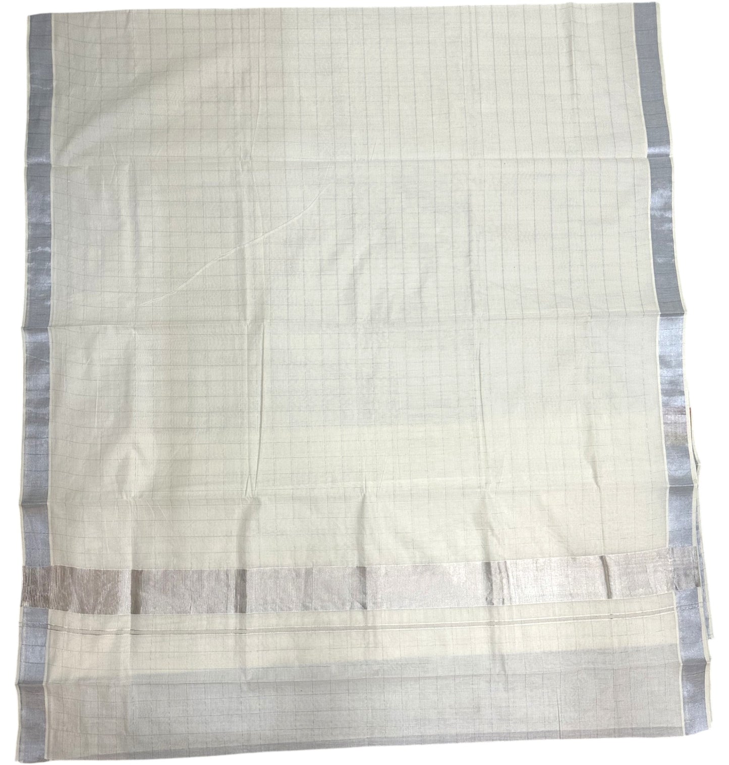 Southloom Kerala Cotton Saree With Check Designs On The Body And Silver Kasavu On Borders
