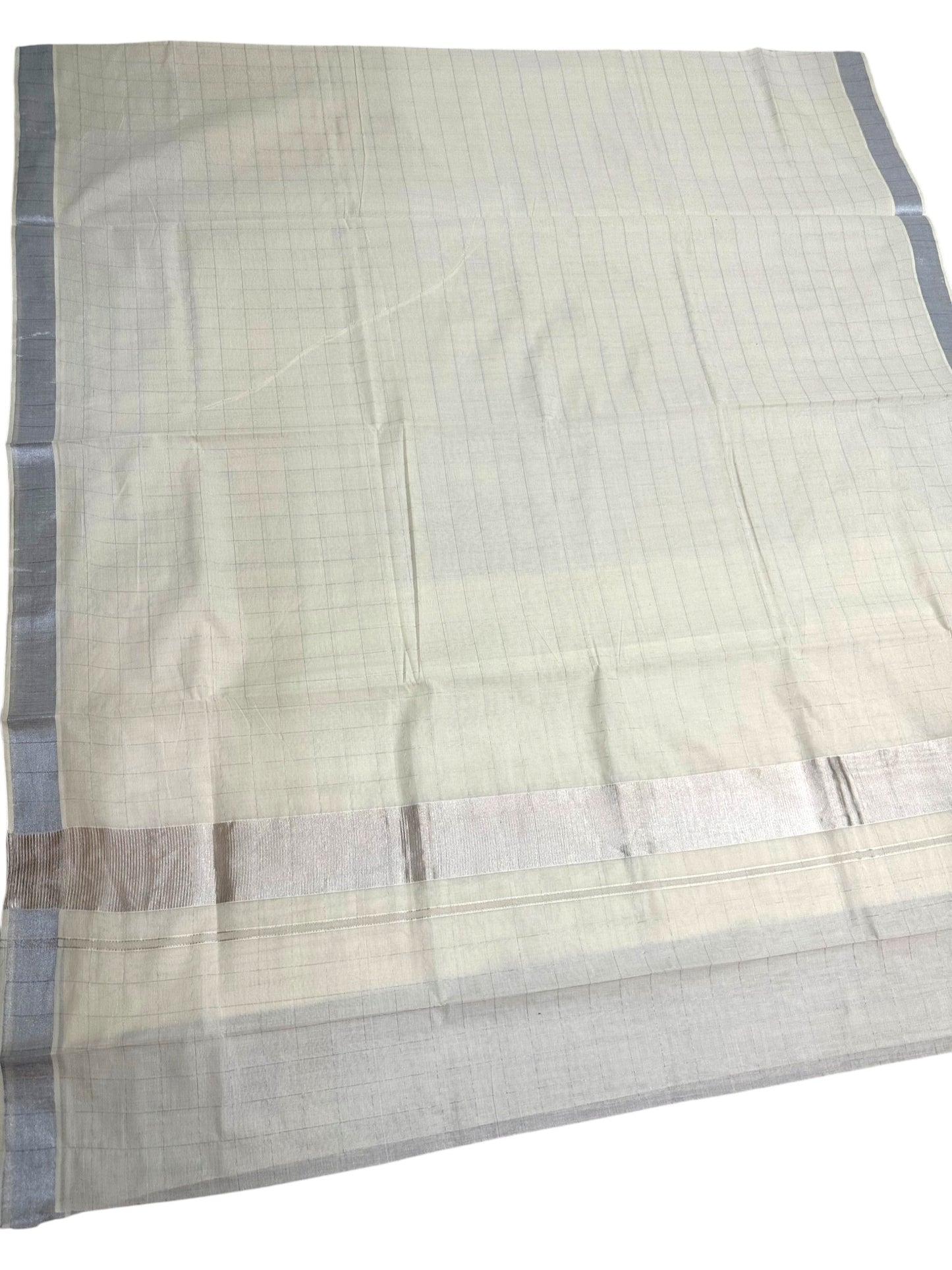 Southloom Kerala Cotton Saree With Check Designs On The Body And Silver Kasavu On Borders