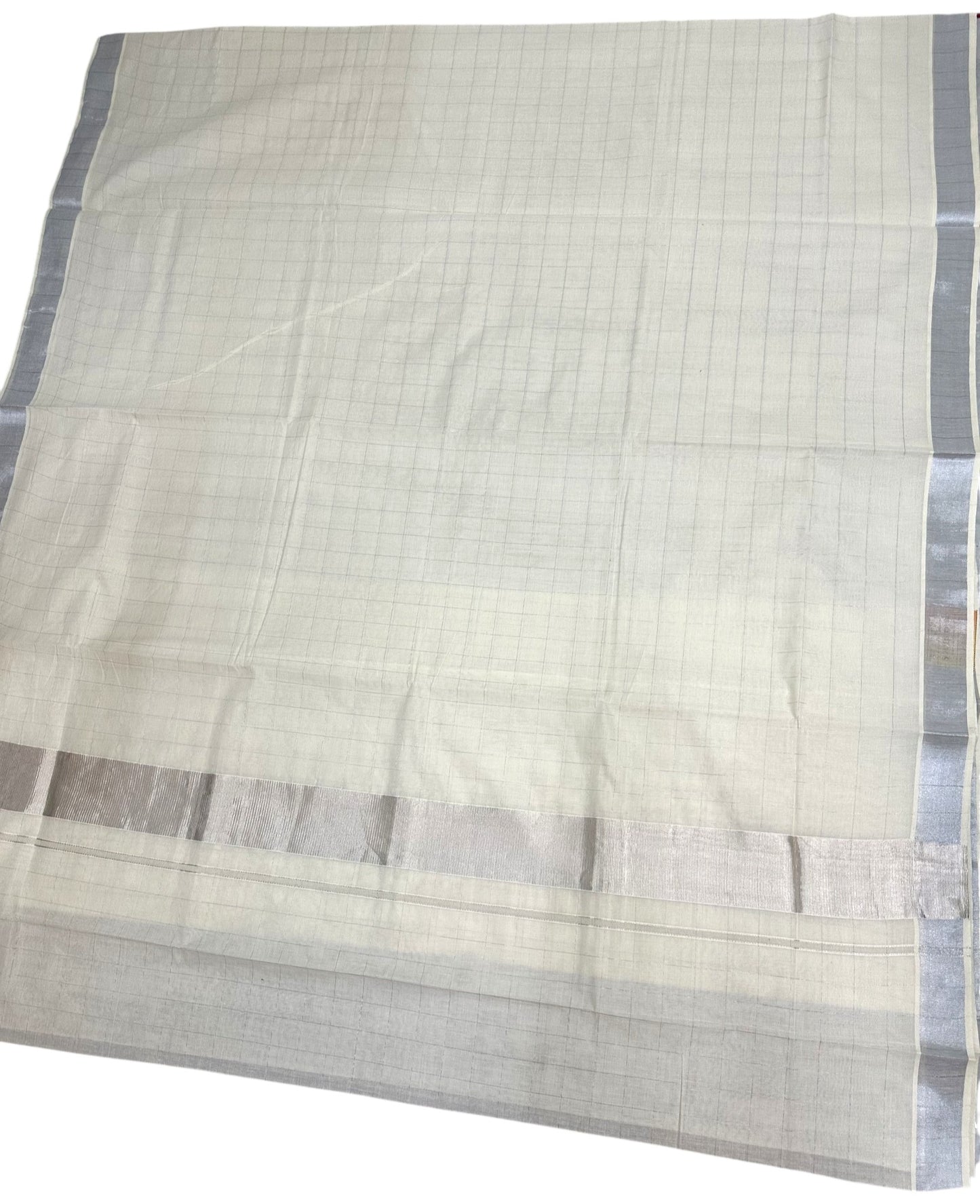 Southloom Kerala Cotton Saree With Check Designs On The Body And Silver Kasavu On Borders