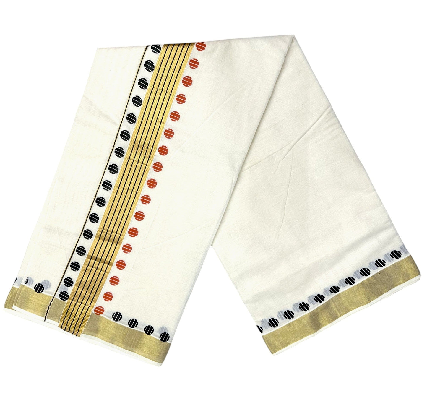 Southloom Kerala Cotton Kasavu Saree With Red And Black Polka Dot Borders