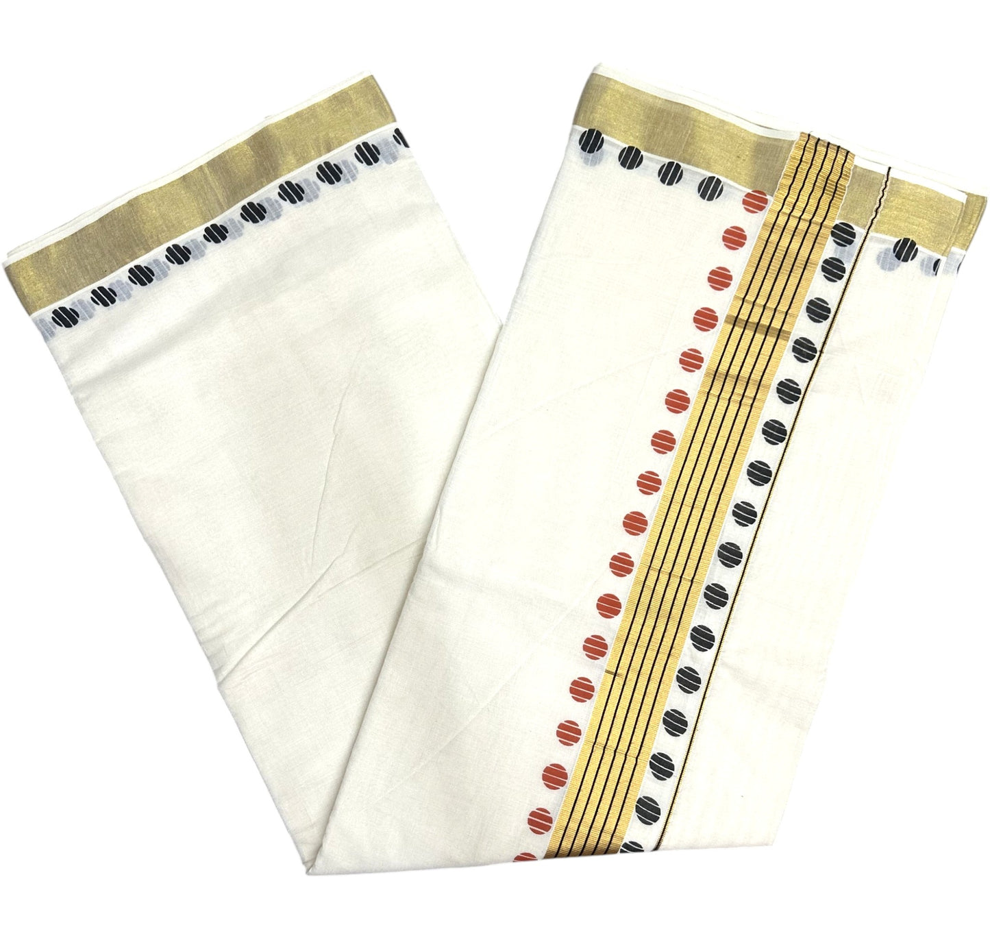 Southloom Kerala Cotton Kasavu Saree With Red And Black Polka Dot Borders
