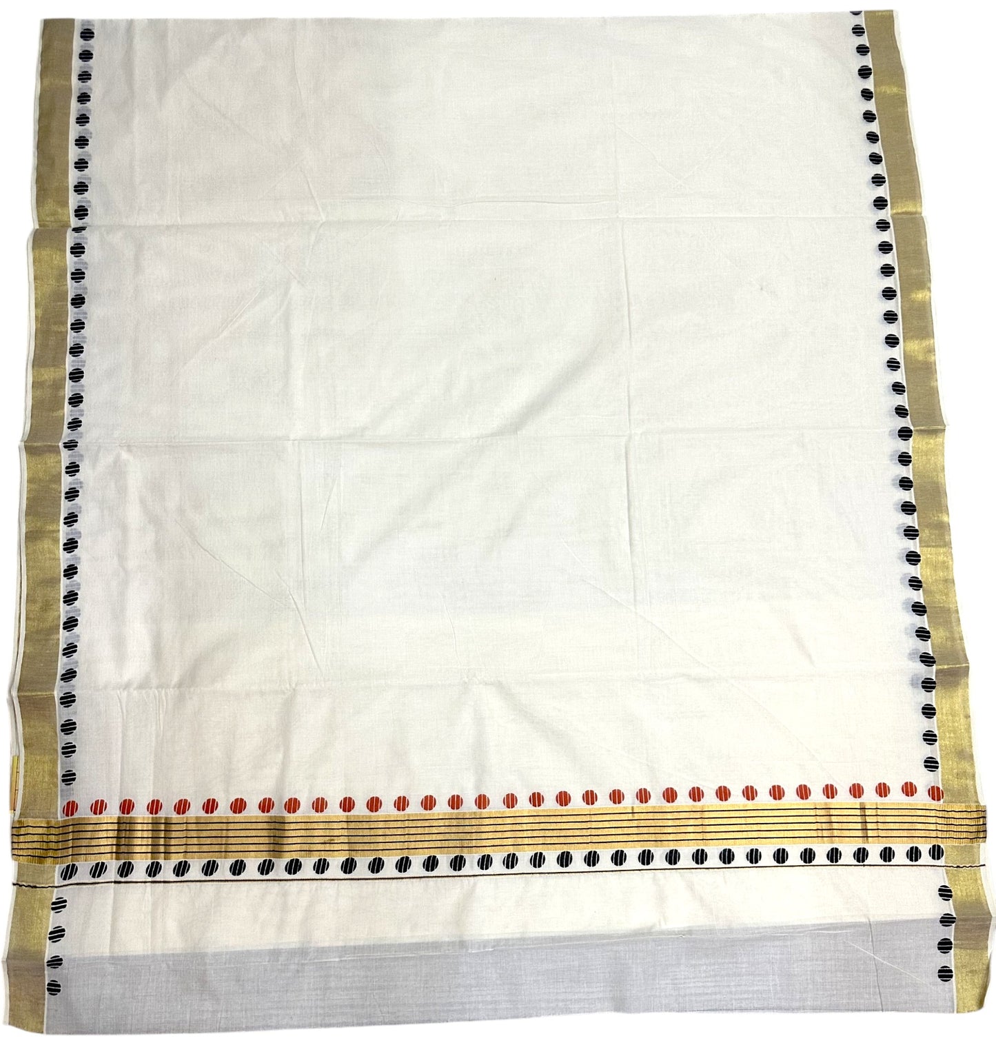 Southloom Kerala Cotton Kasavu Saree With Red And Black Polka Dot Borders