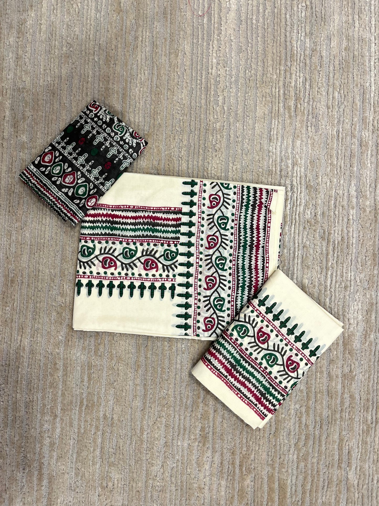 Southloom Pure Cotton Mulloth Set Mundu with Warly Print (Black Printed Blouse Piece)