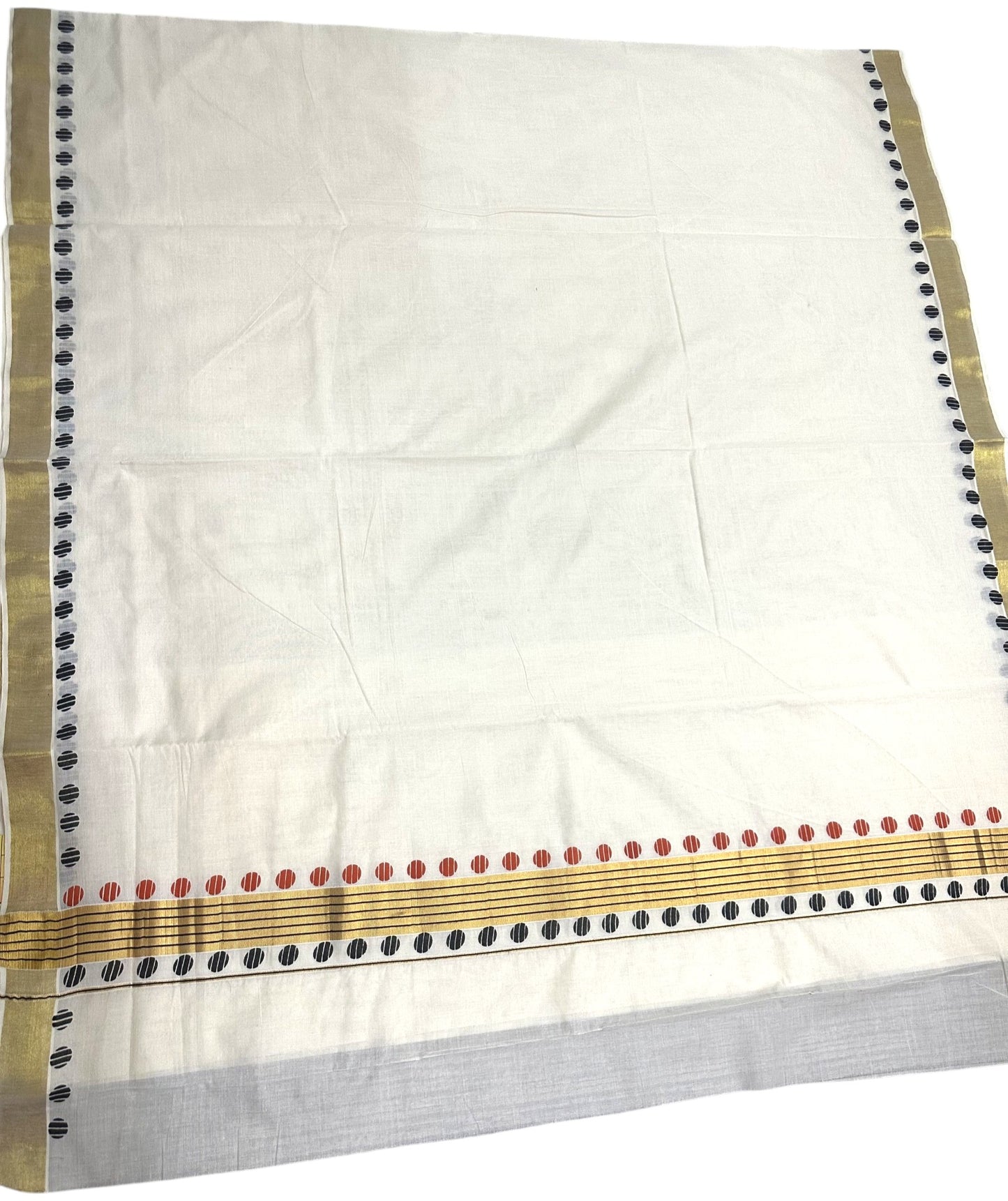 Southloom Kerala Cotton Kasavu Saree With Red And Black Polka Dot Borders