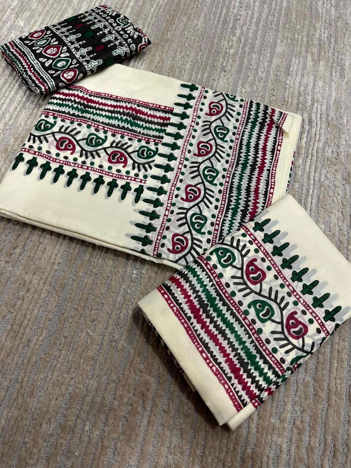Southloom Pure Cotton Mulloth Set Mundu with Warly Print (Black Printed Blouse Piece)