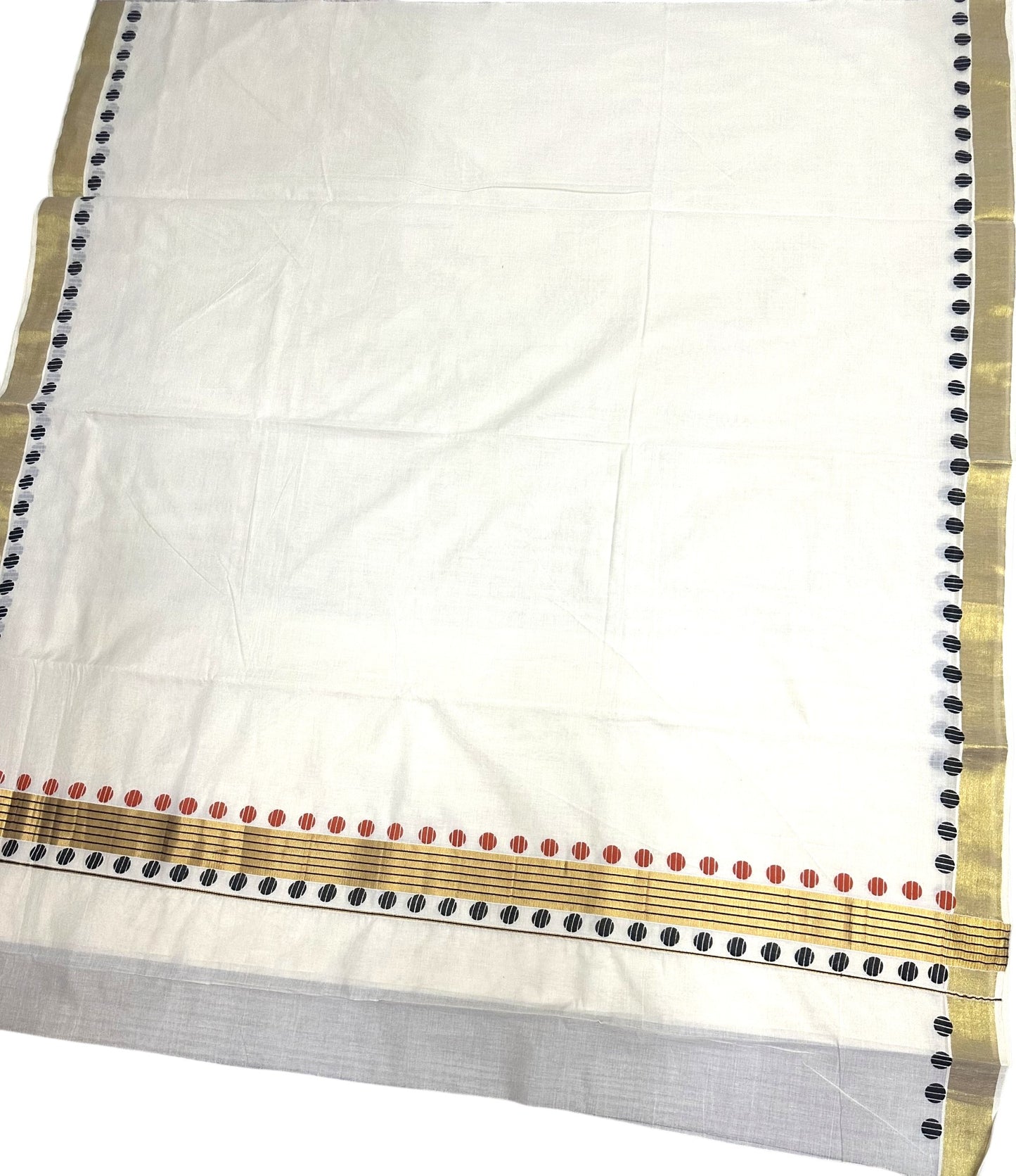 Southloom Kerala Cotton Kasavu Saree With Red And Black Polka Dot Borders