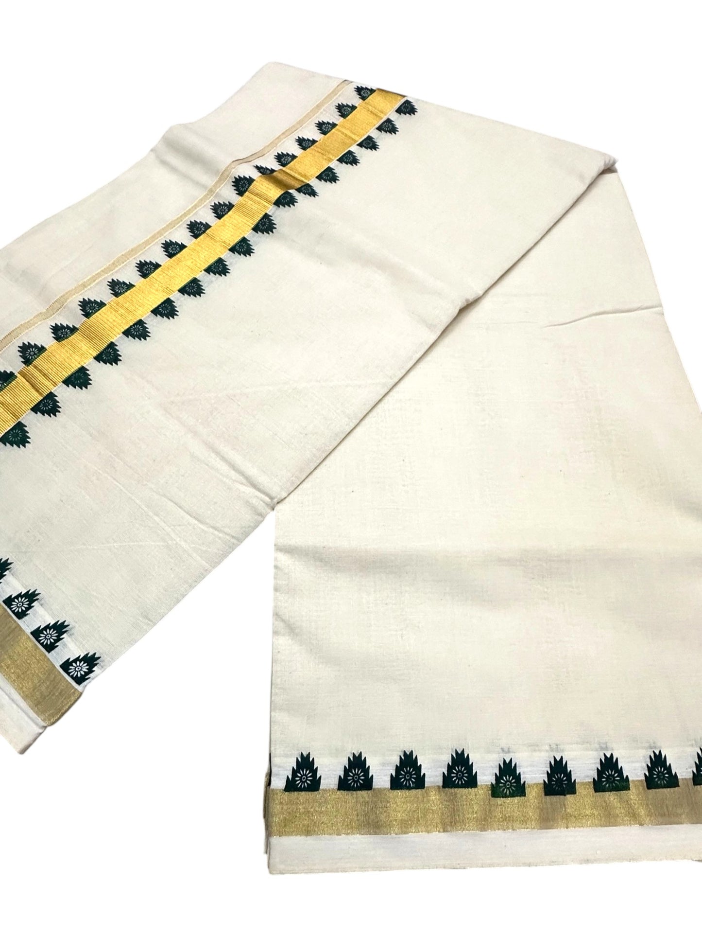 Southloom Kerala Cotton Kasavu Saree With Green Printed Design On Borders