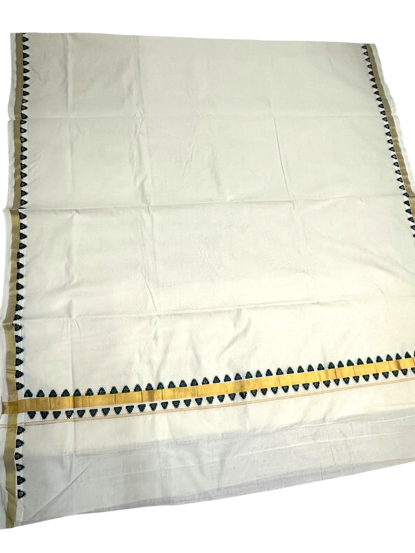 Southloom Kerala Cotton Kasavu Saree With Green Printed Design On Borders